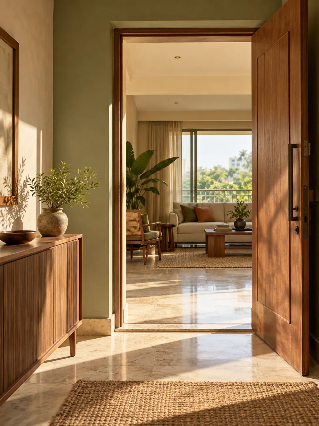 Morning light falling across the entrance to a home
