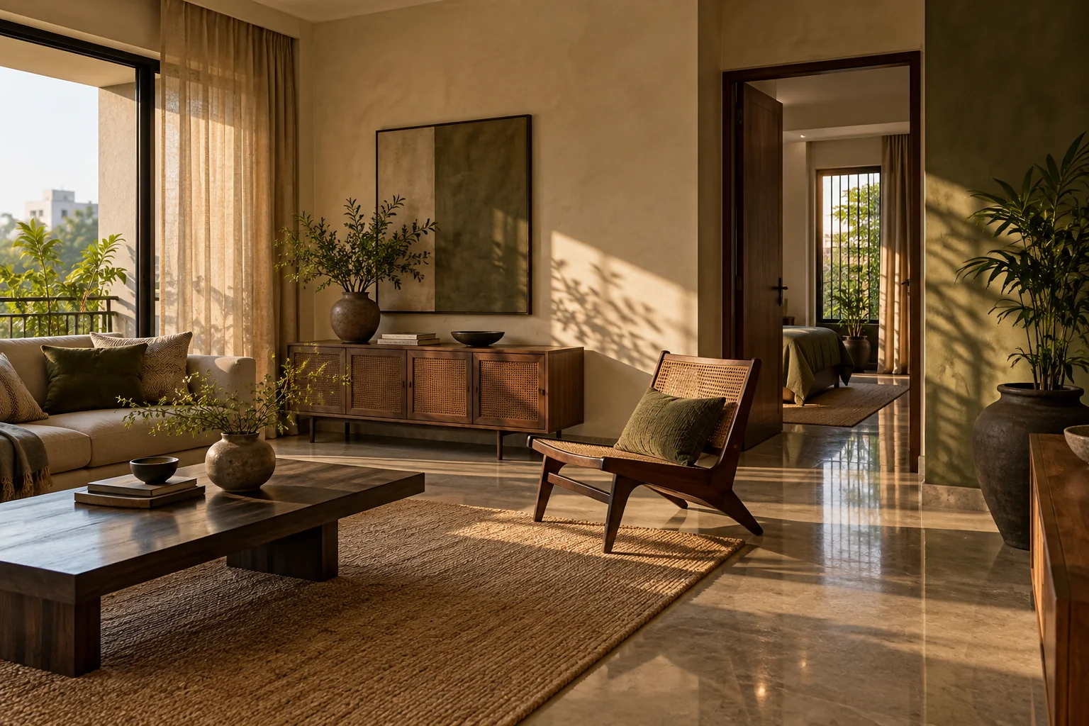 A sunlit living room with a cane chair