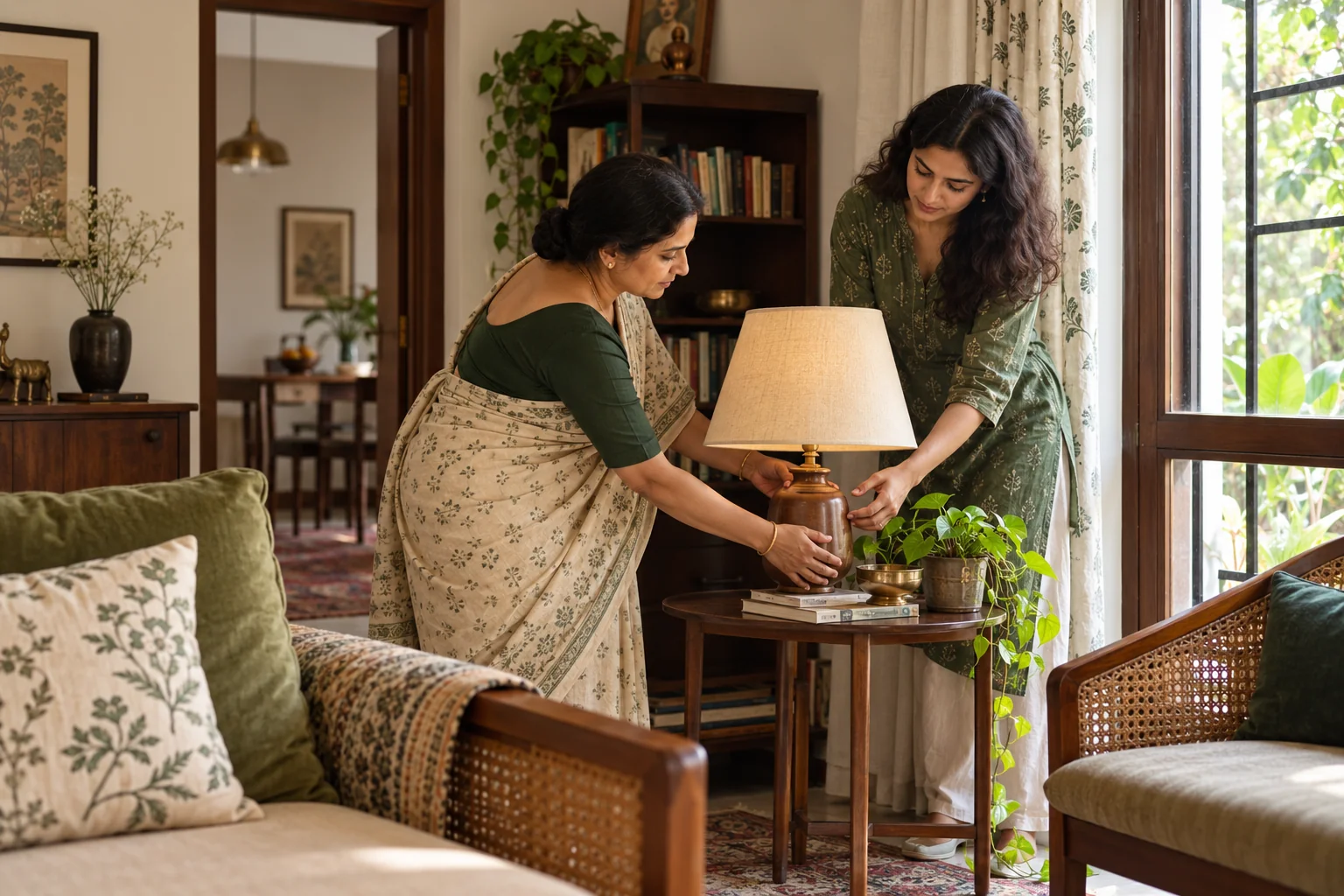 A woman making a small change to a comfortable living room