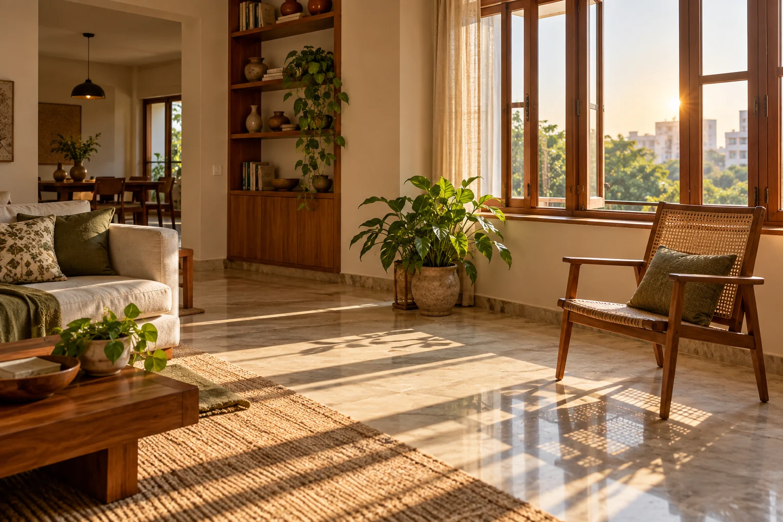 Morning light falling on a living area