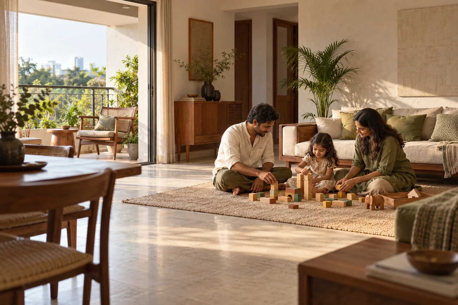 A family playing together on their living room rug