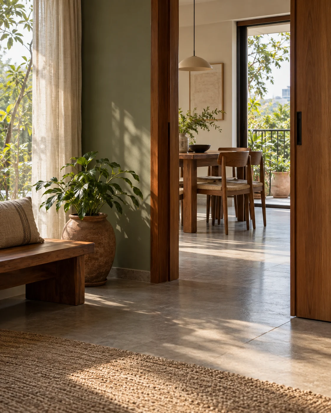 Sunlit doorway looking into a dining room