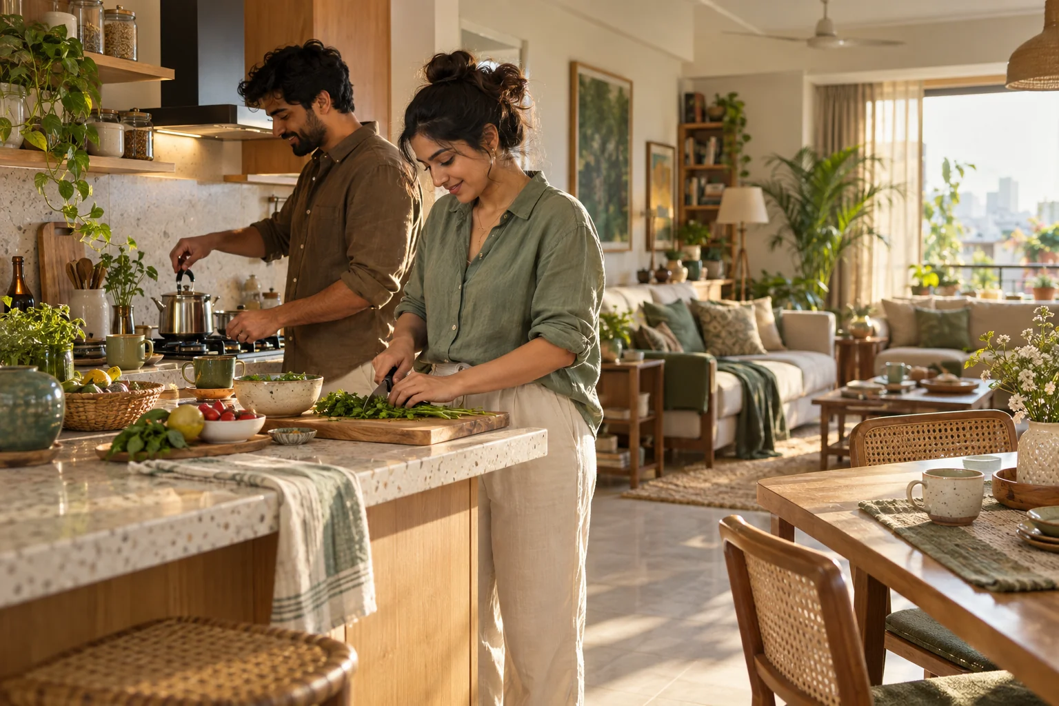 A woman cooking breakfast in a sunlit home while her partner sets the table