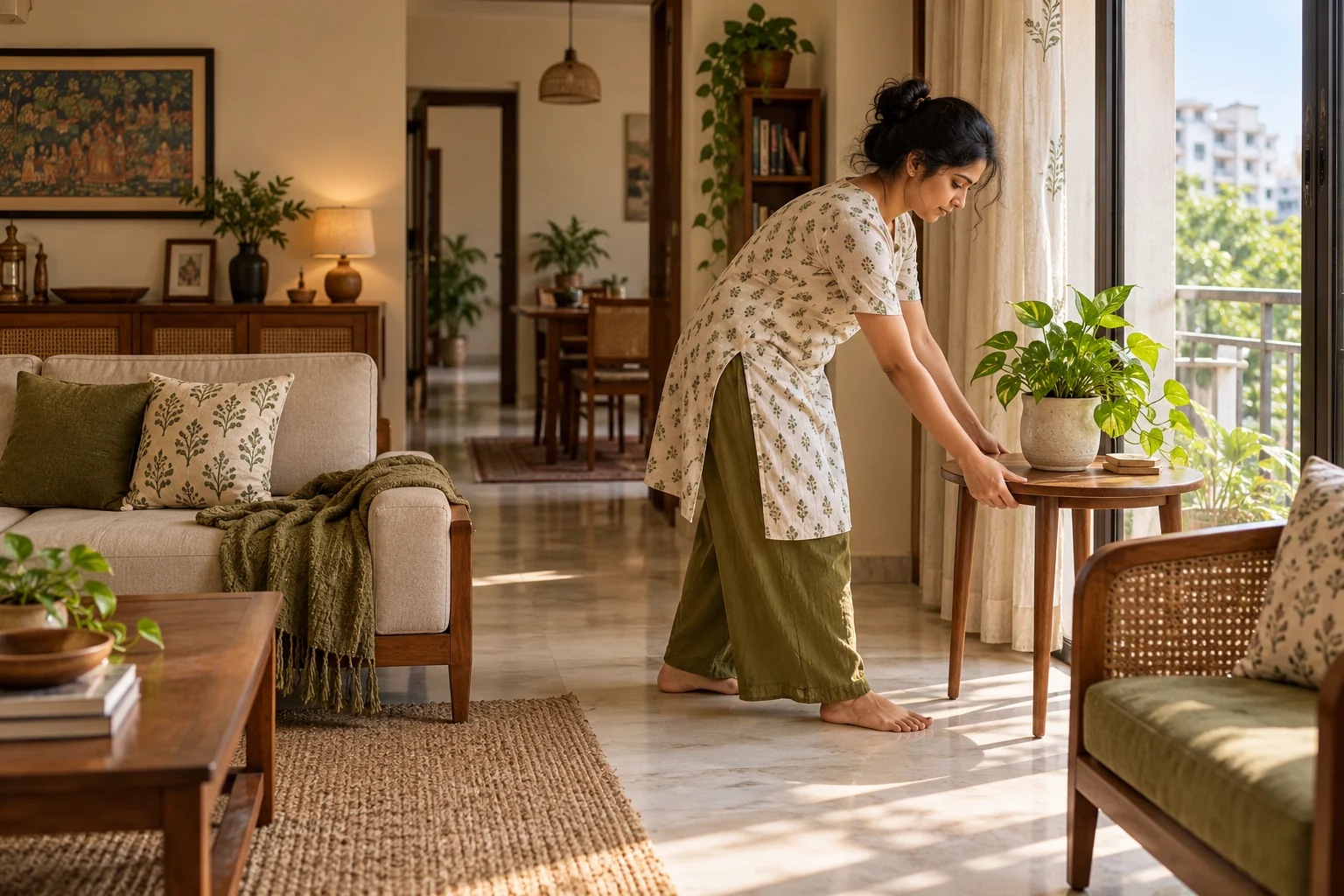 Woman making a small change in a living room