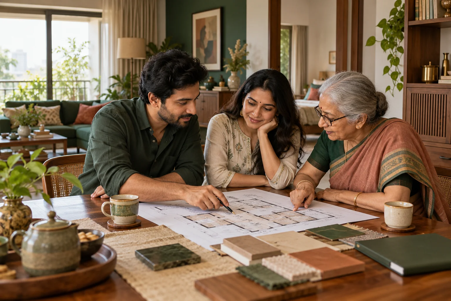 Homeowners looking closely at a floor plan together