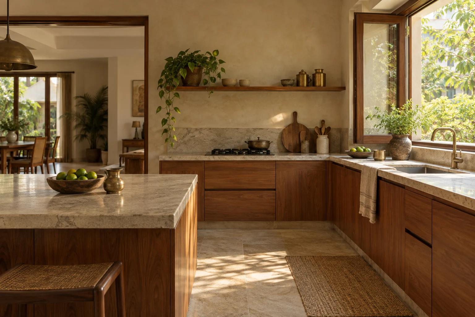 A teak kitchen in morning light