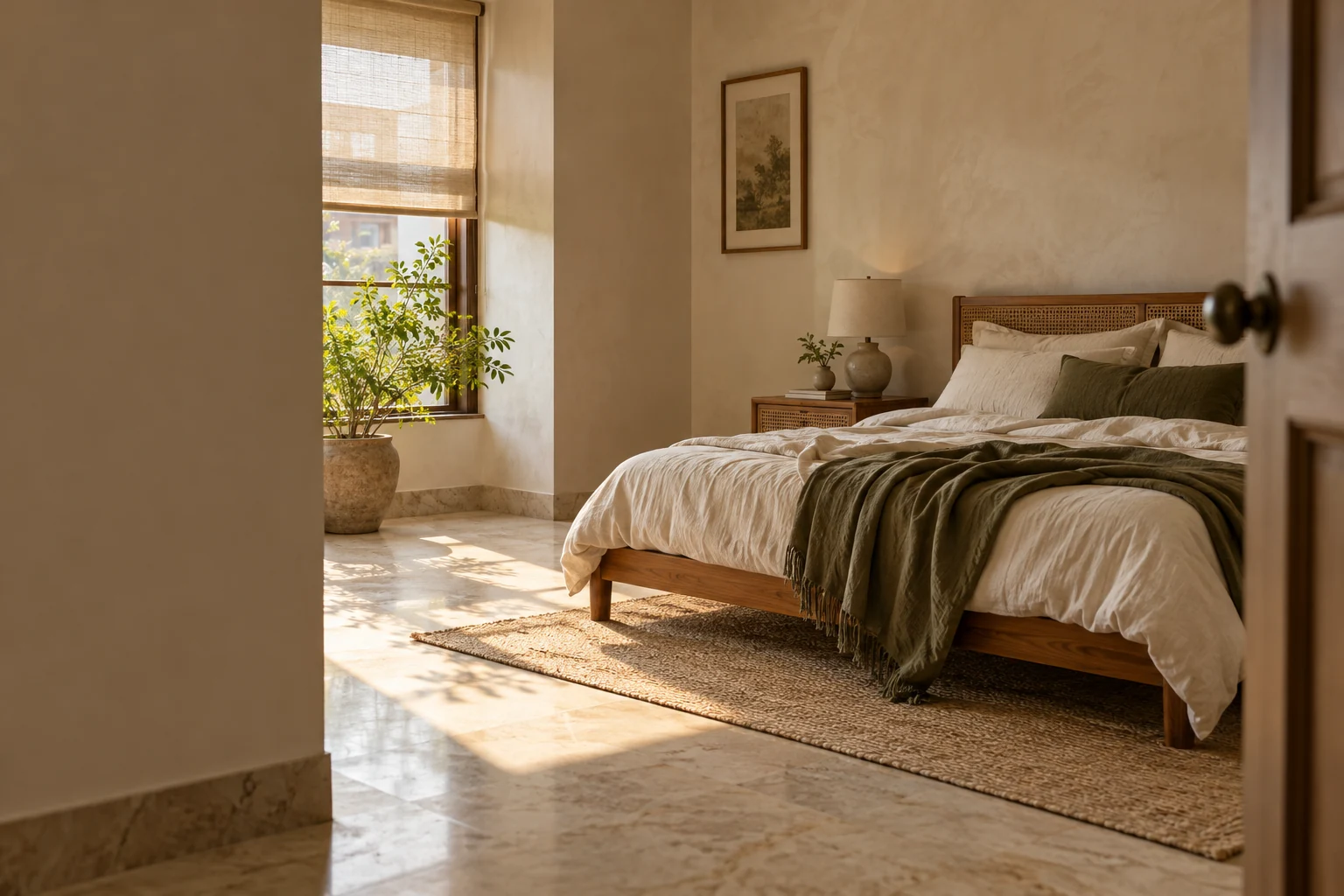 A restful bedroom with olive textiles and soft daylight