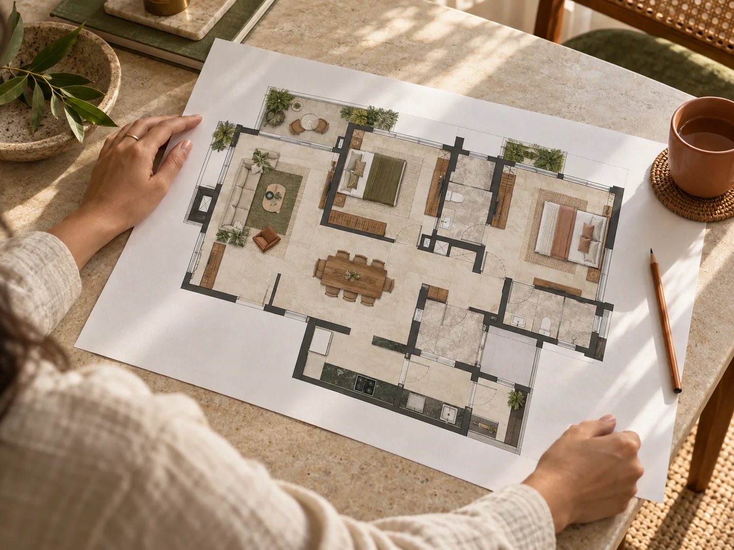 A homeowner looking over a printed floor plan at a table